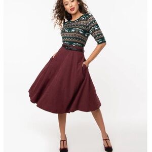 Unique Vintage Maroon A-Line Skirt